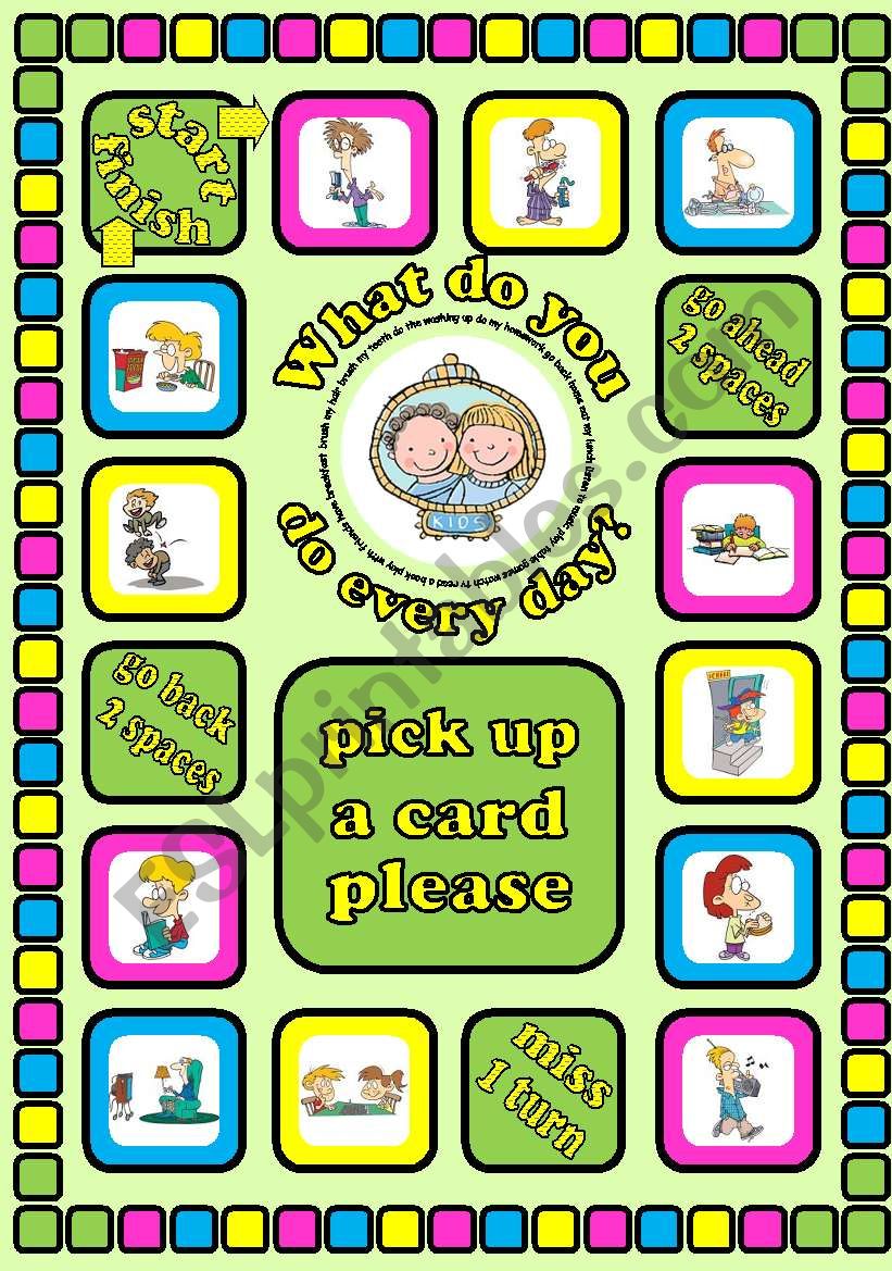 What do you do every day?. Daily routines board game + cards + instructions. Fully editable.