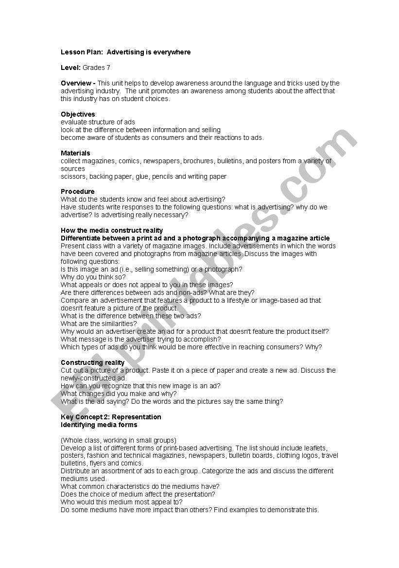 Advertising is everywhere worksheet