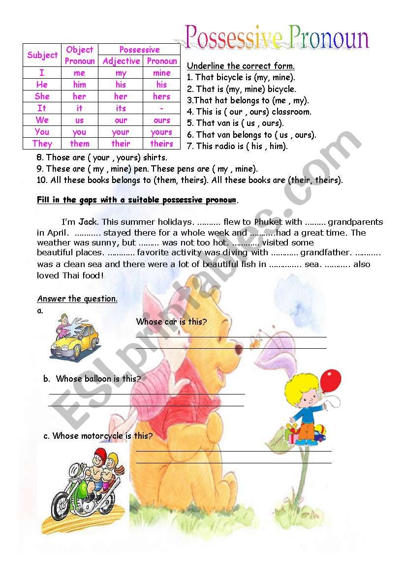 possessive pronoun worksheet