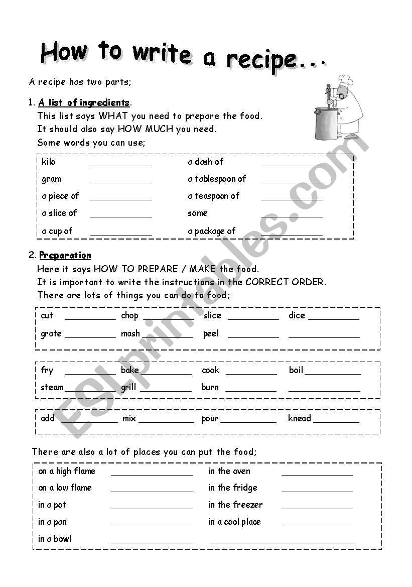 How to write a recipe worksheet