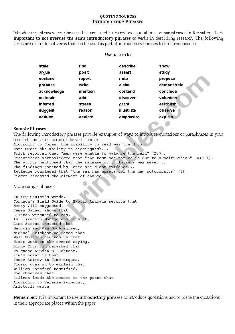 introductory phrases worksheet