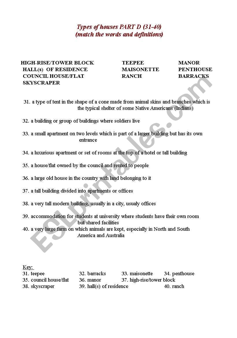 Types of houses - part D worksheet