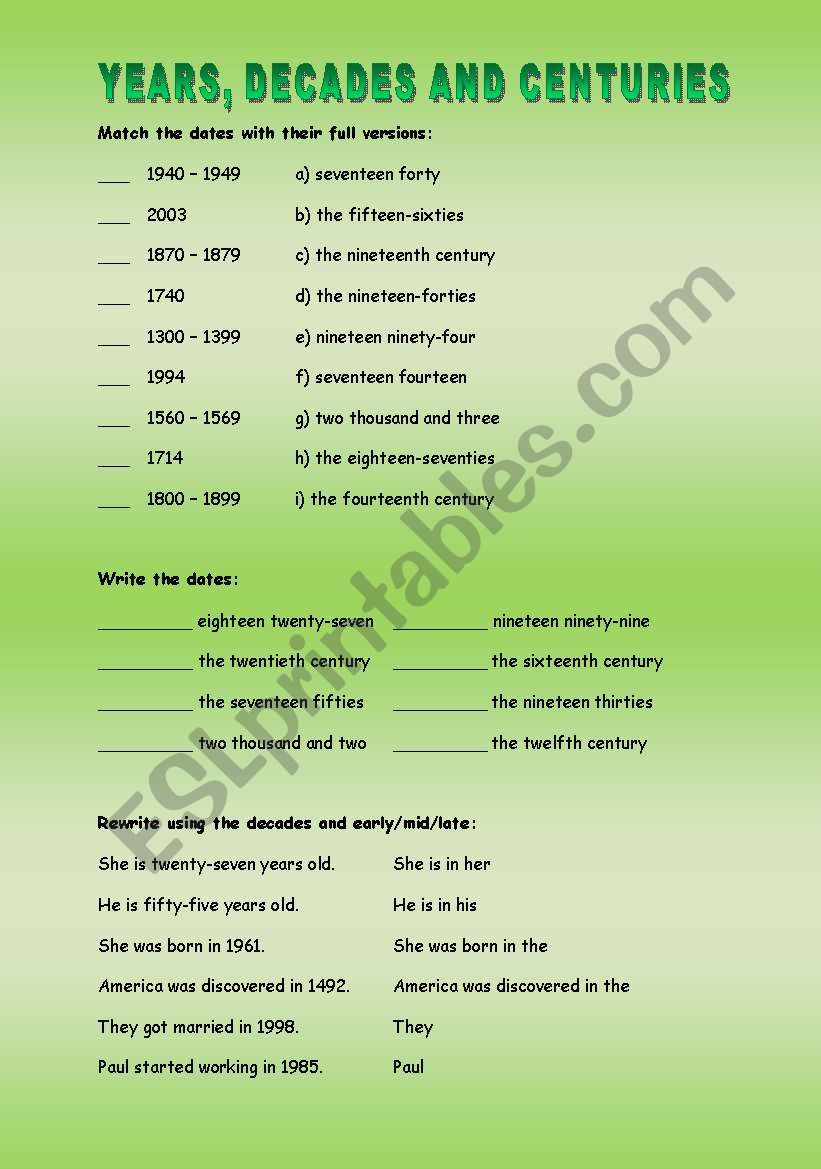 Dates worksheet