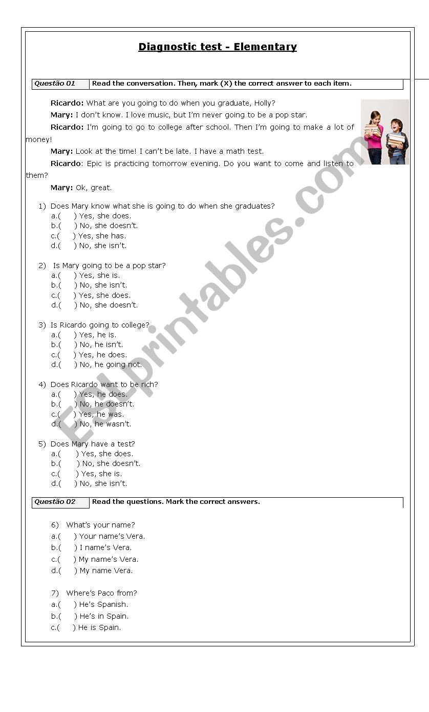 Diagnostic test worksheet