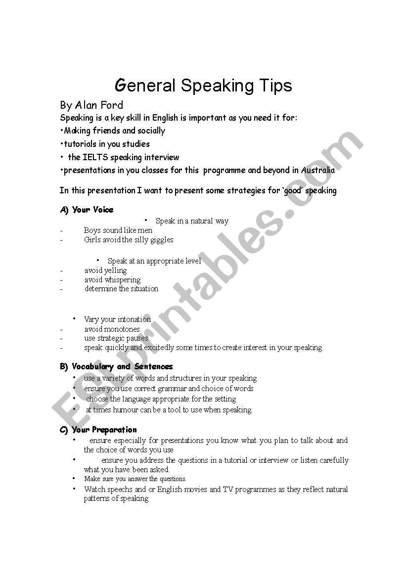 Geenral Speaking Tips worksheet
