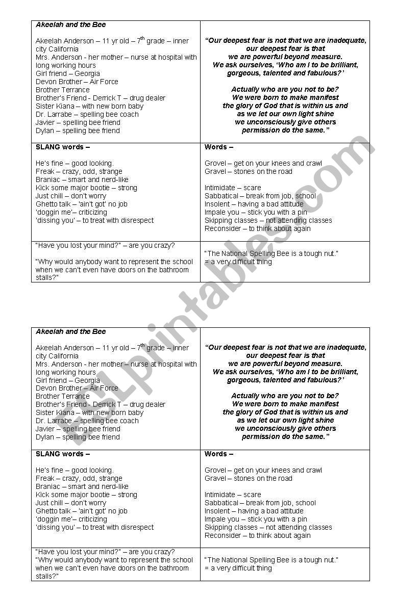 Akeelah and the Bee worksheet