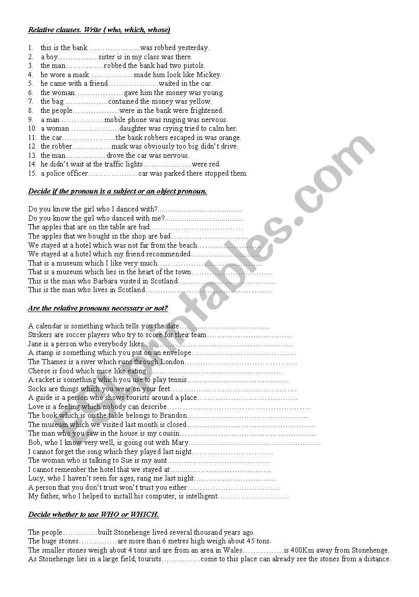 relative clauses  worksheet