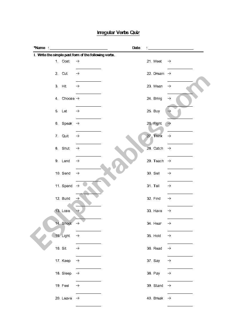 Irregular verbs quiz worksheet