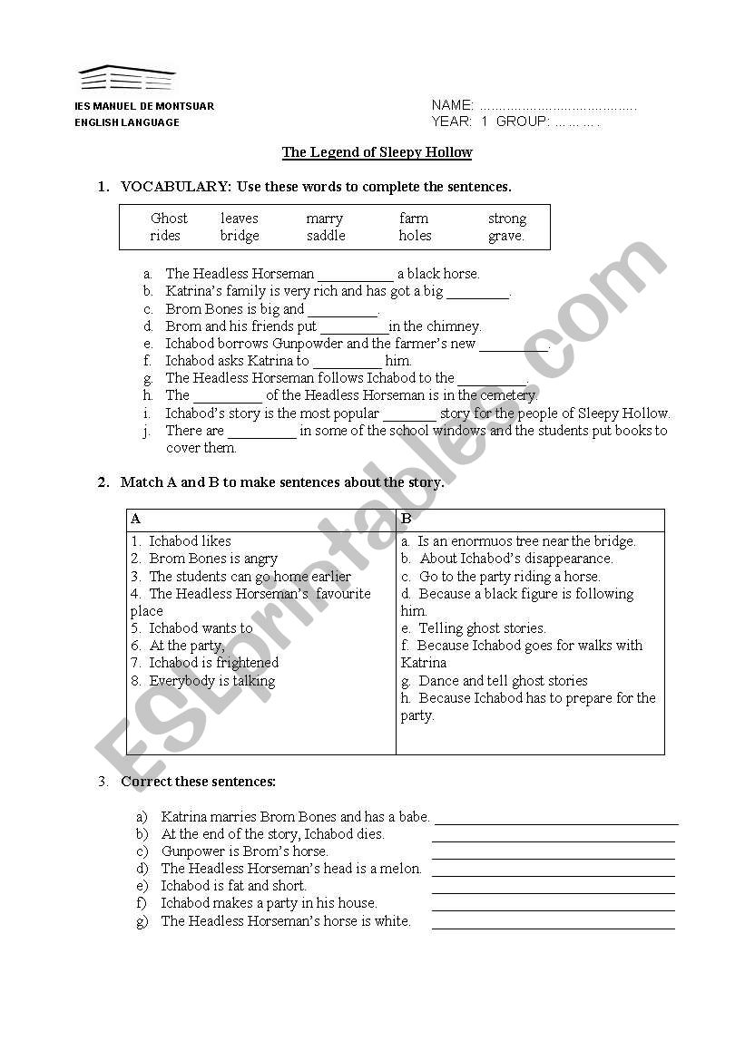 The Legend of Sleepy Hollow worksheet