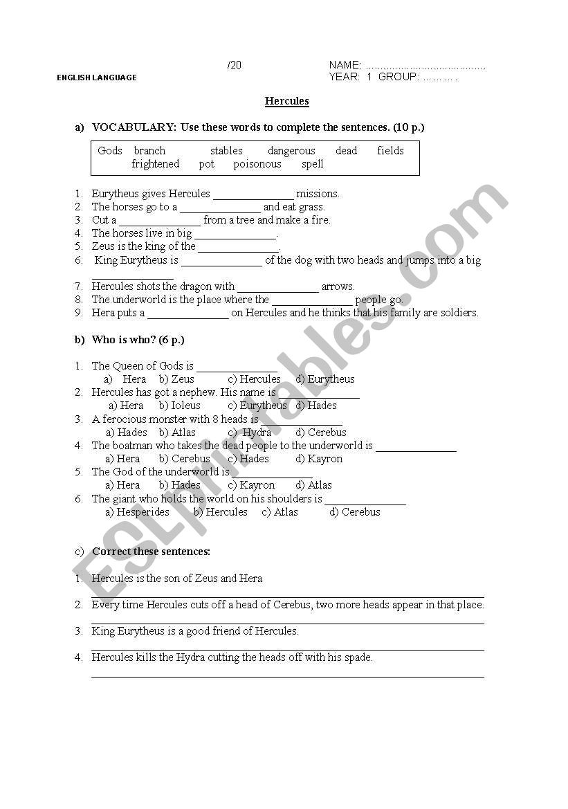 Hercules worksheet