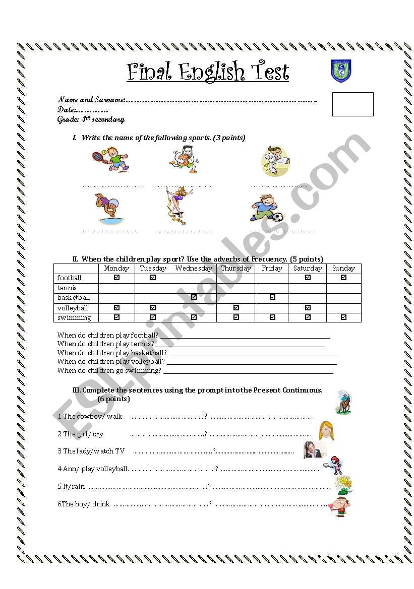 Test about sports and frequency adverbs