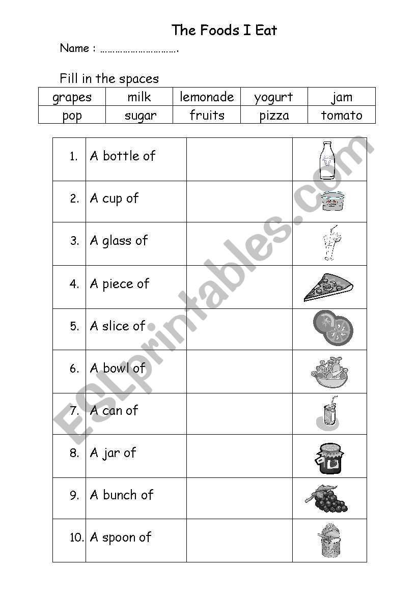 food quantities worksheet