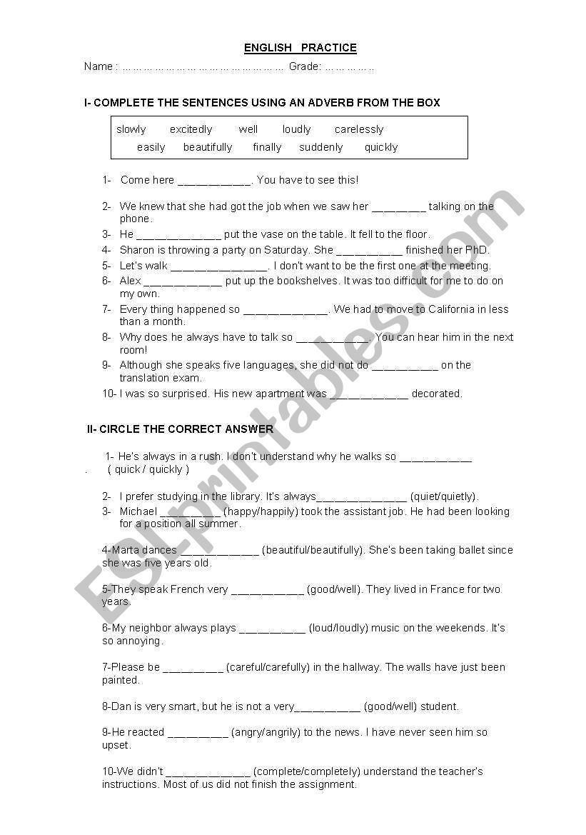 Adverbs and Adjectives worksheet