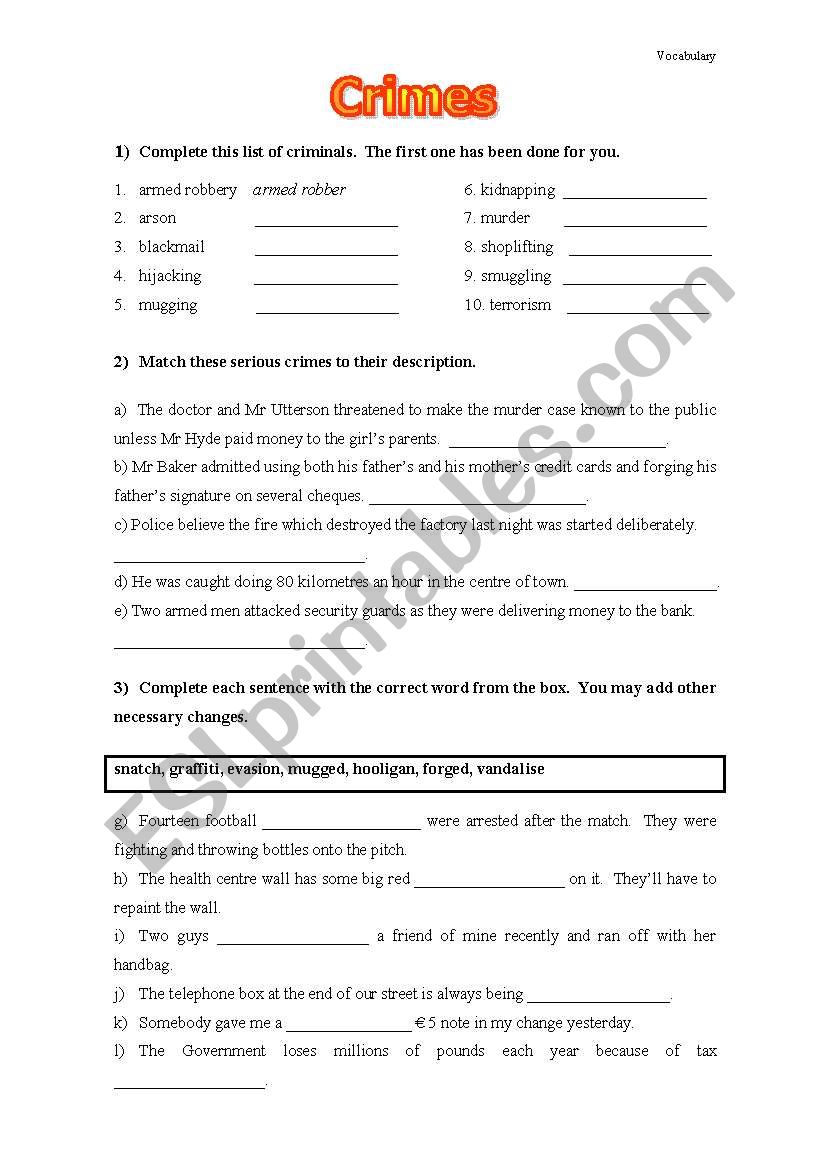 Crimes (Vocabulary) worksheet