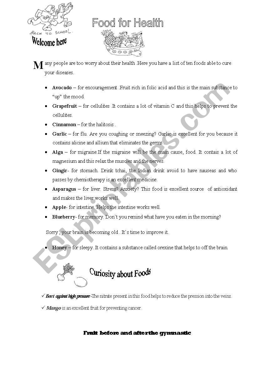 Food for Health worksheet