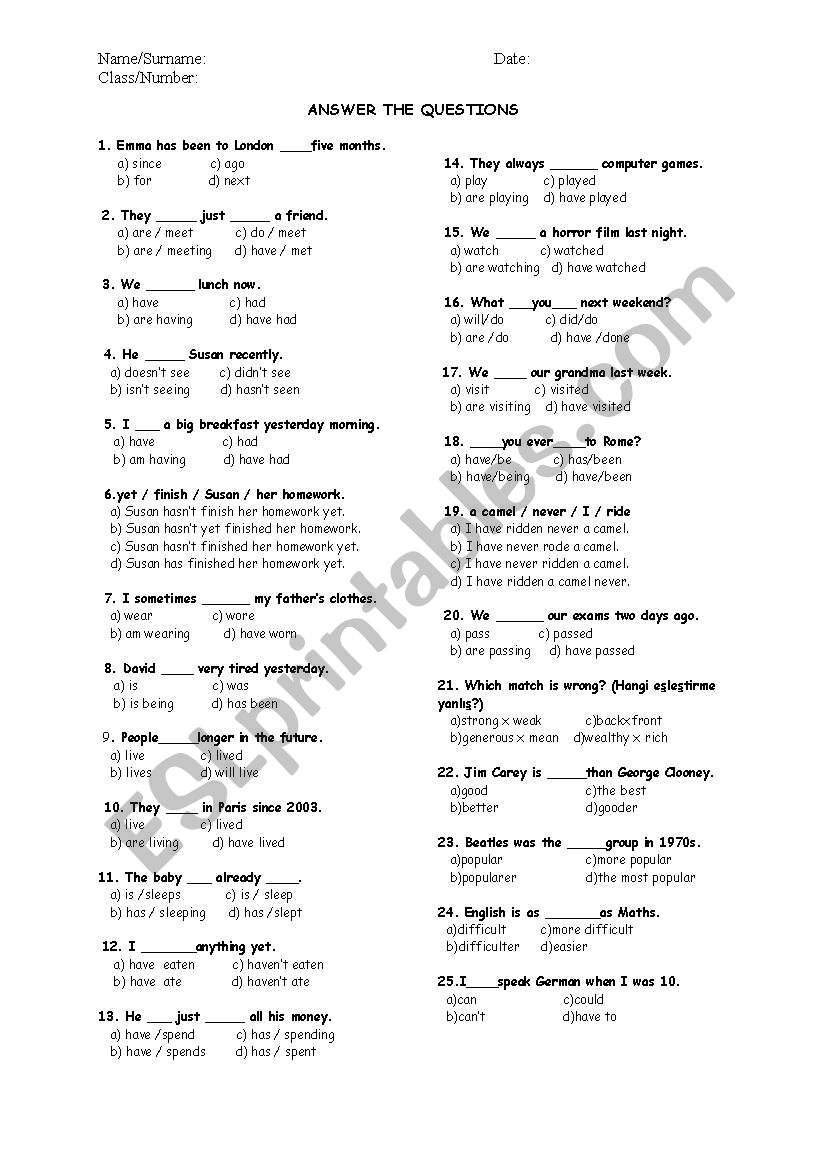 multiple-choice test worksheet