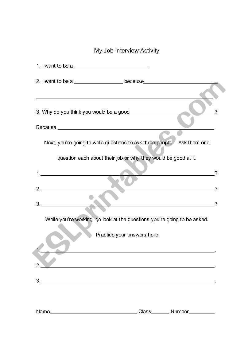 Job Interview activity worksheet