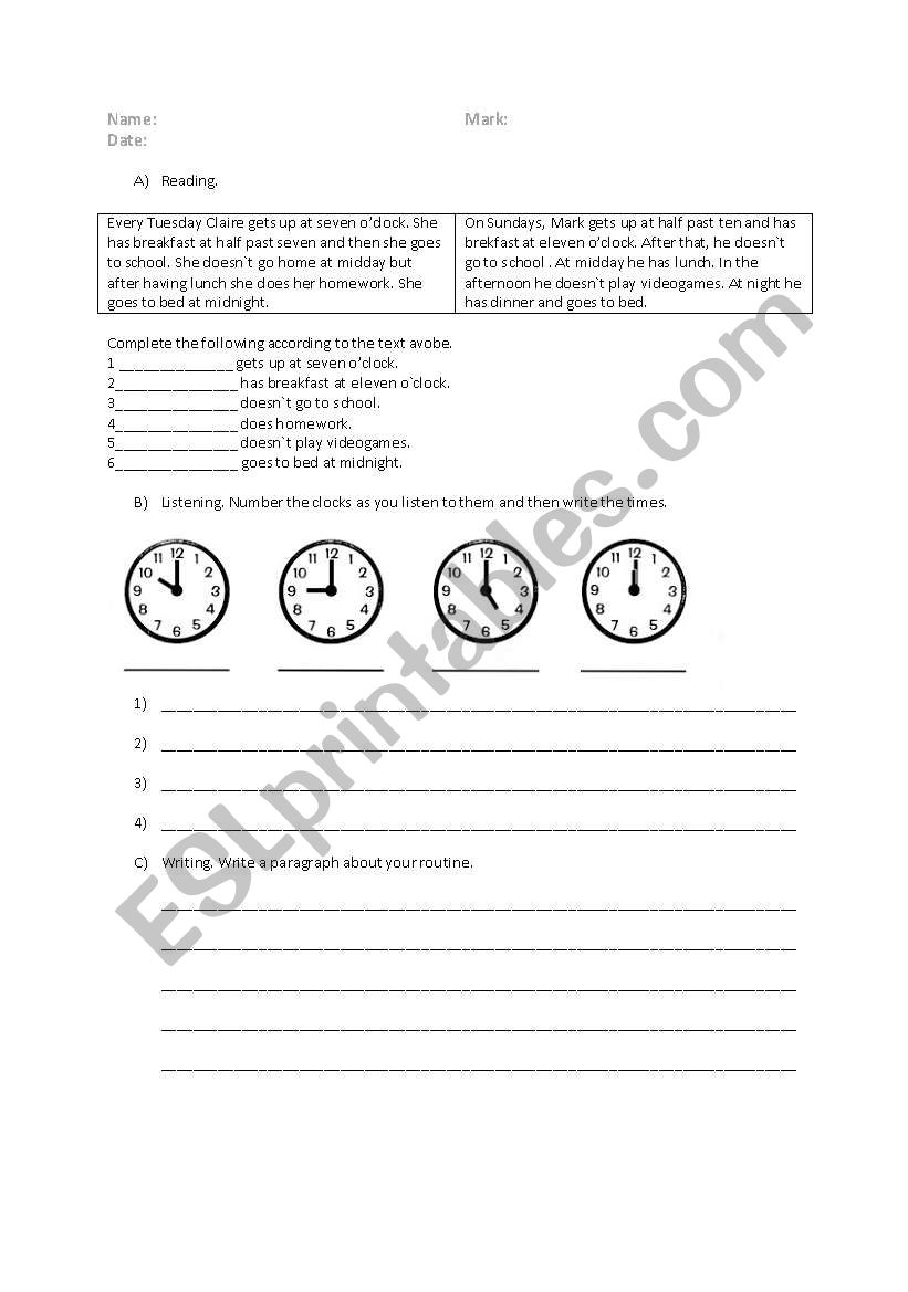 test worksheet