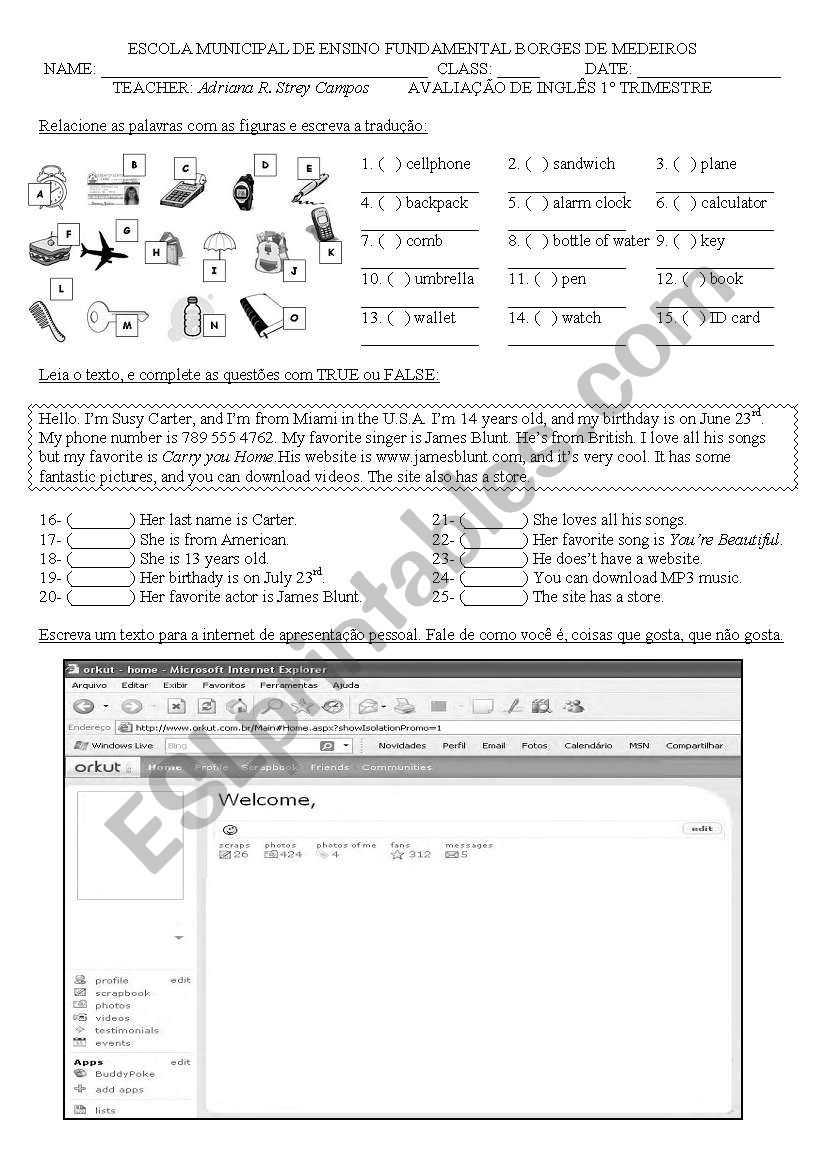 Test 7th year worksheet