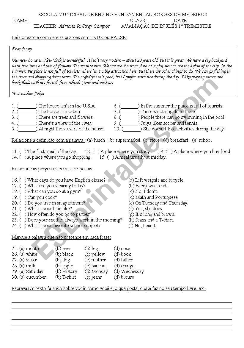 Test 9th year worksheet