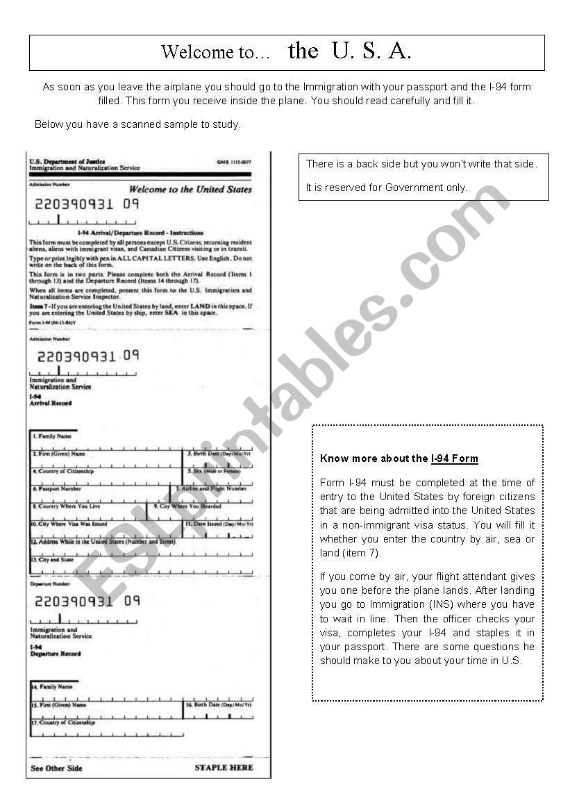 Welcome to USA - Forms at the airport