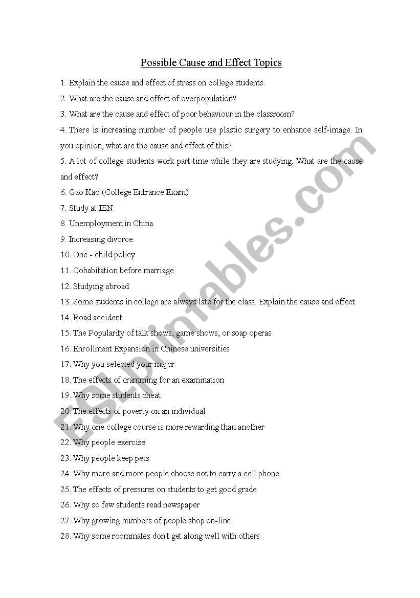 cause and effect topics worksheet
