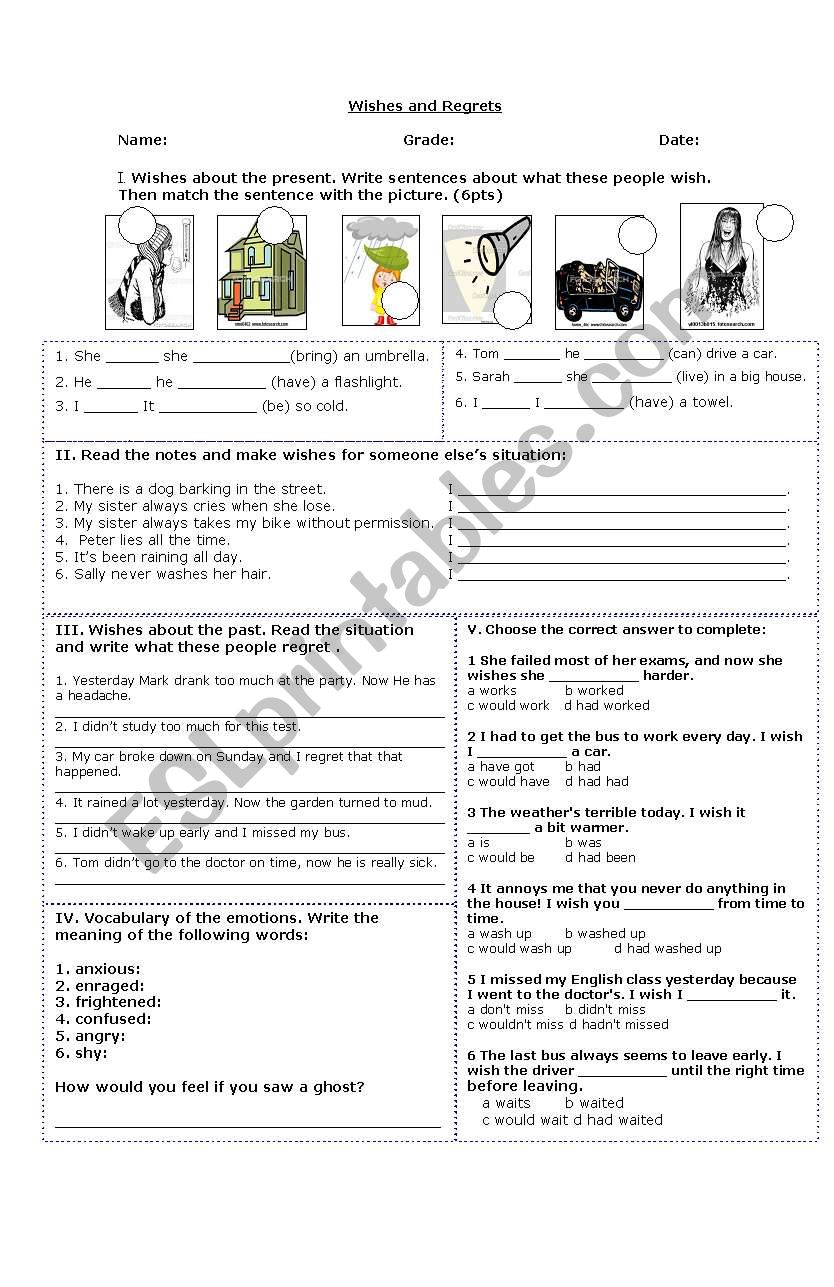 wishes and regrets  worksheet