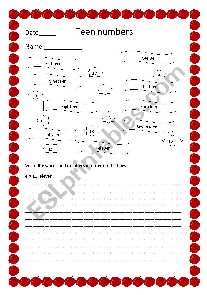 Teen numbers worksheet