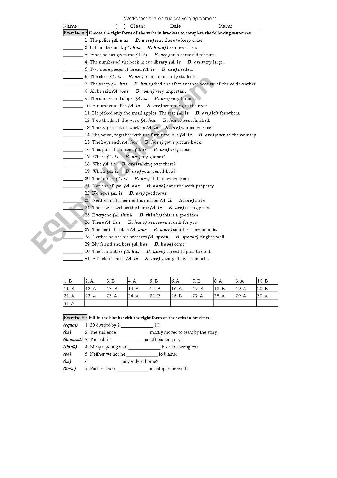 worksheet on subject verb agtreement (with key)