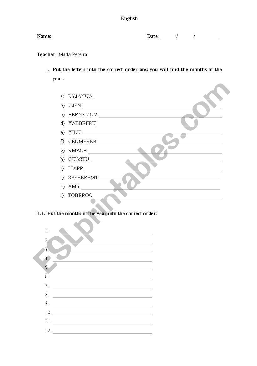 months of the year worksheet