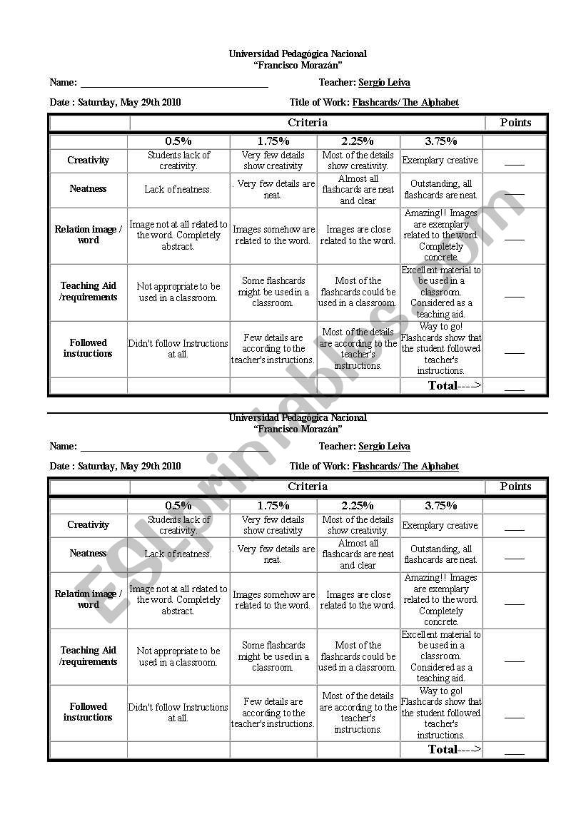 Rubric to Evaluate Flashcards worksheet