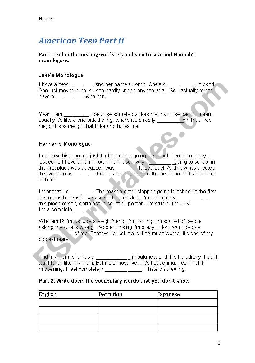 American Teen Part II and III worksheet