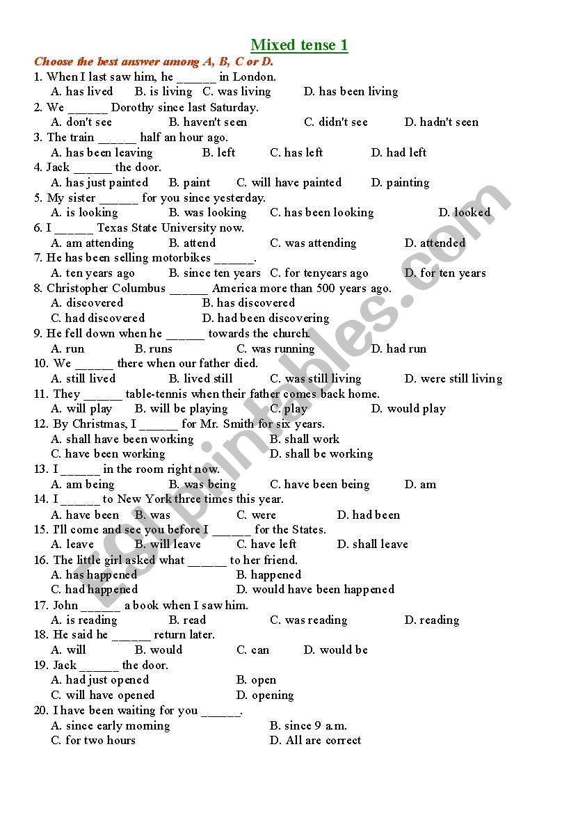 mixed tense - multiple choice worksheet