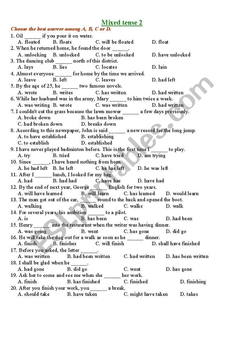 mixed tense - multiple choice 2