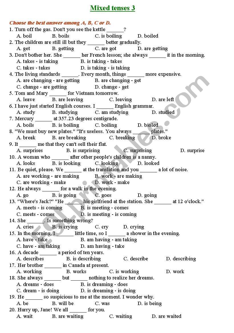 mixed tense - multiple choice 3