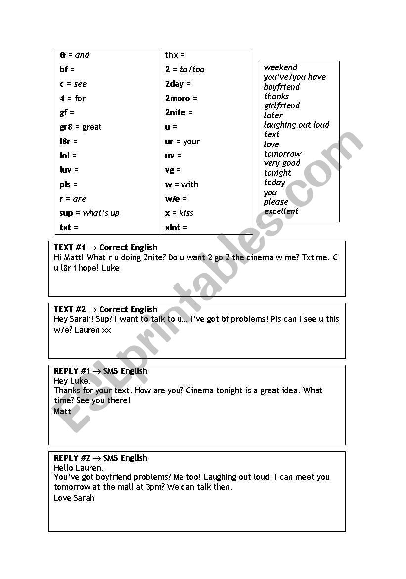 SMS English worksheet SMS English worksheet