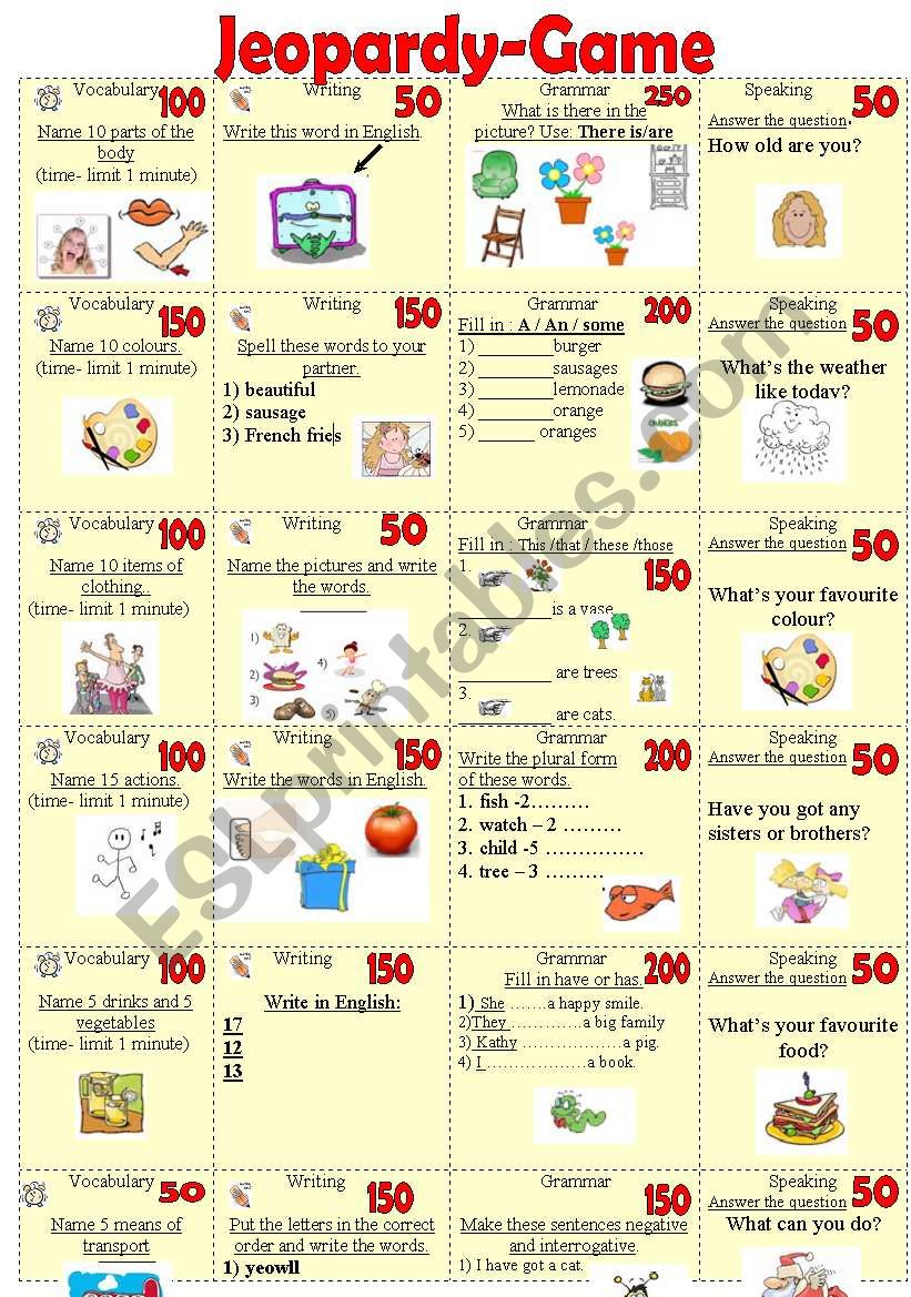 Jeopardy -Game for beginners. worksheet