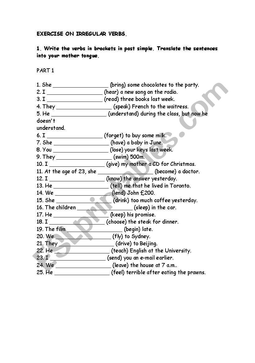 Exercises Irregular Verbs.  worksheet