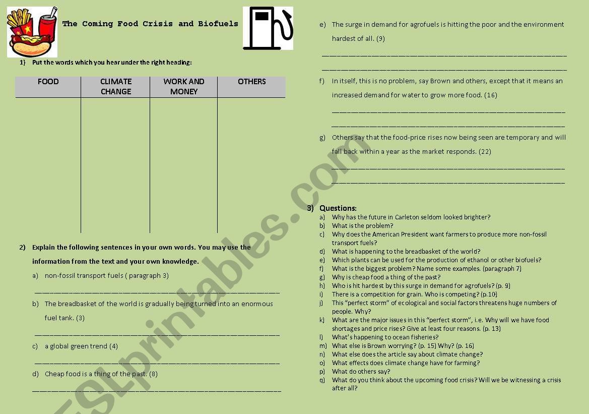 Biofuels and food shortages (students worksheet with FCE exercises)