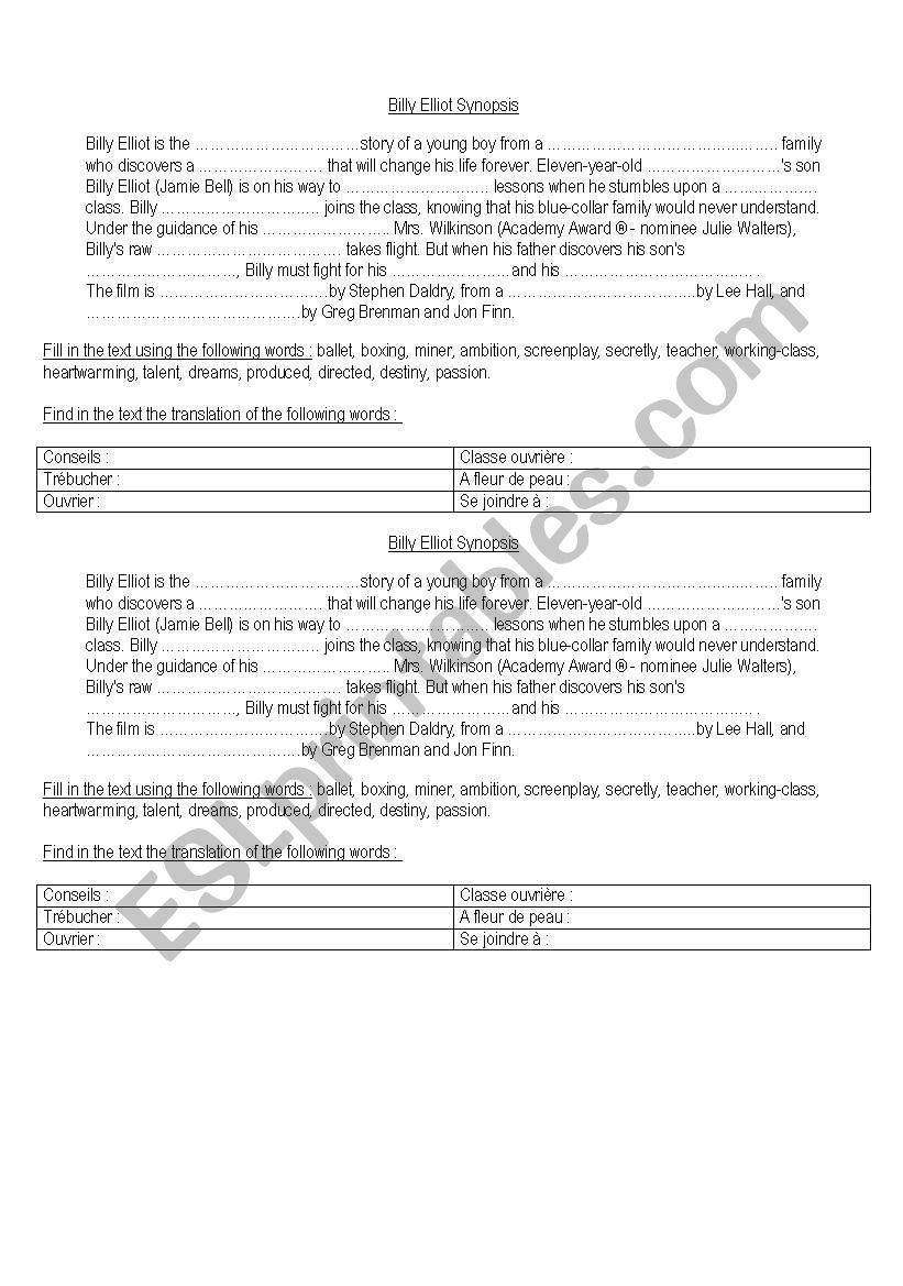 billy Elliot worksheet