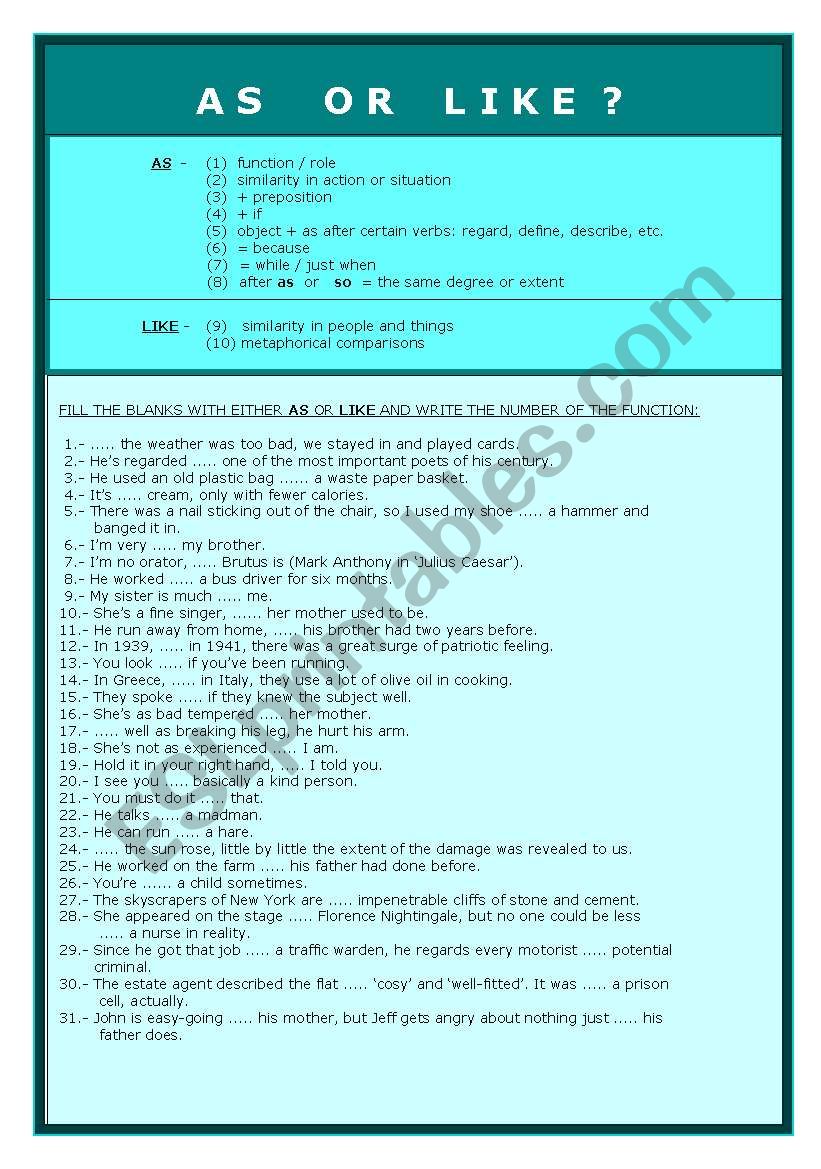 Connectors: As or Like? worksheet