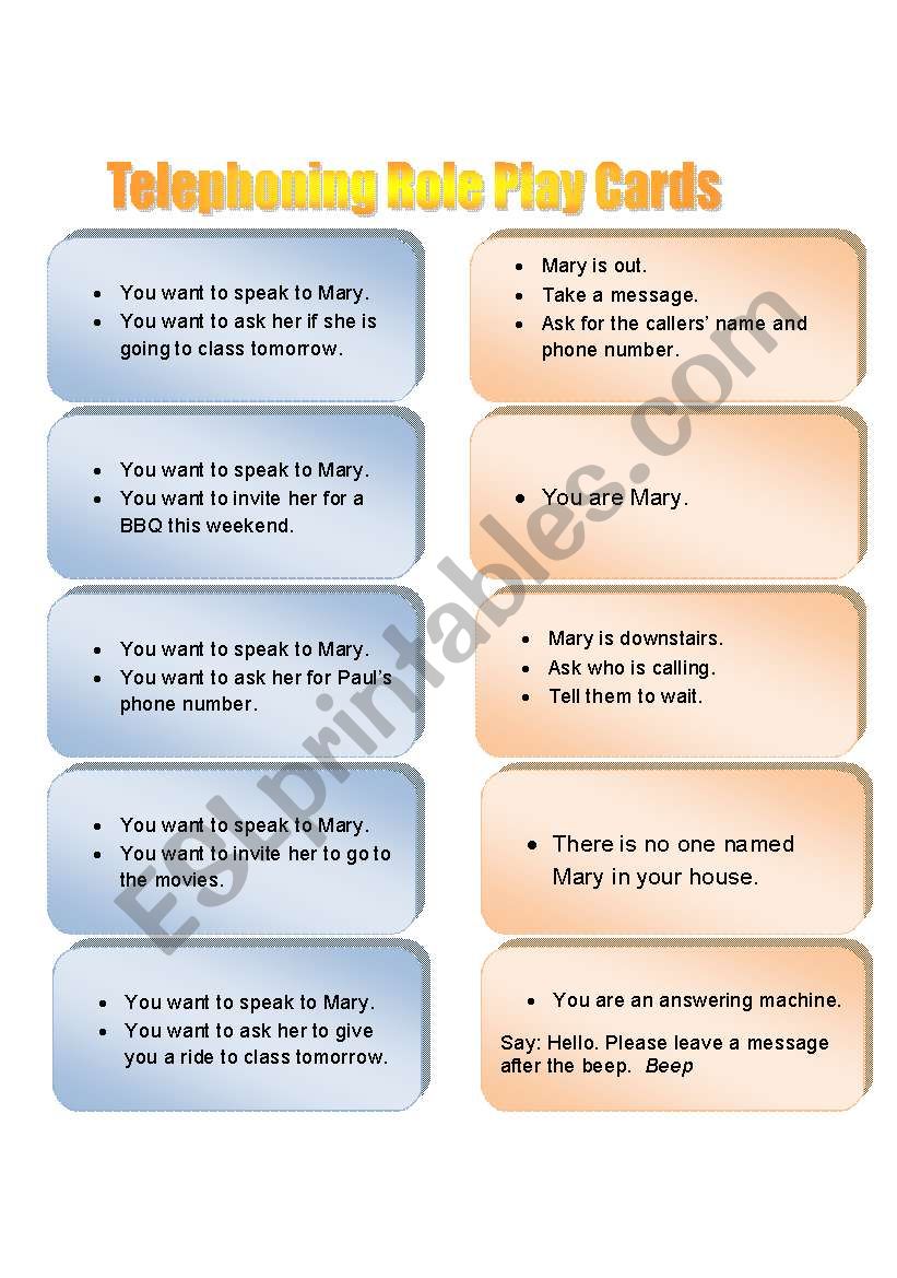 telephoning Role Play Cards worksheet