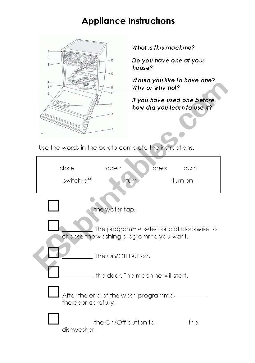 Appliance instructions worksheet