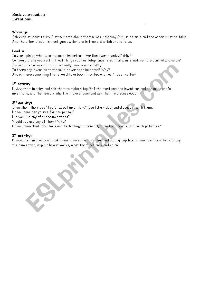 Inventions worksheet