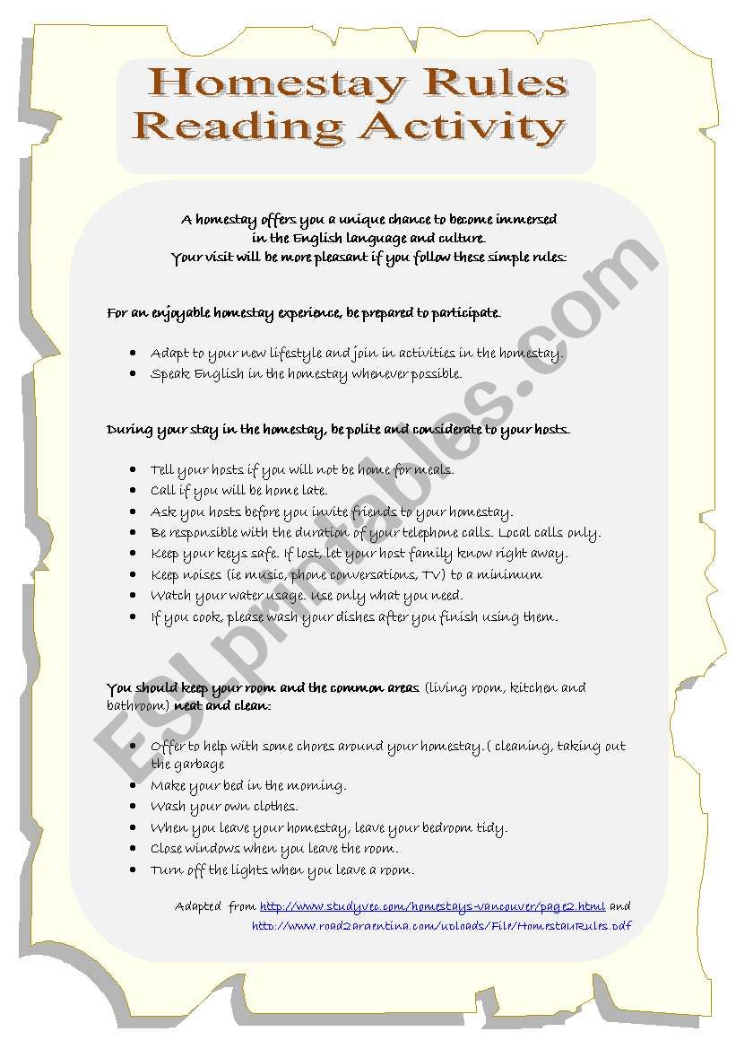 homestay rules worksheet