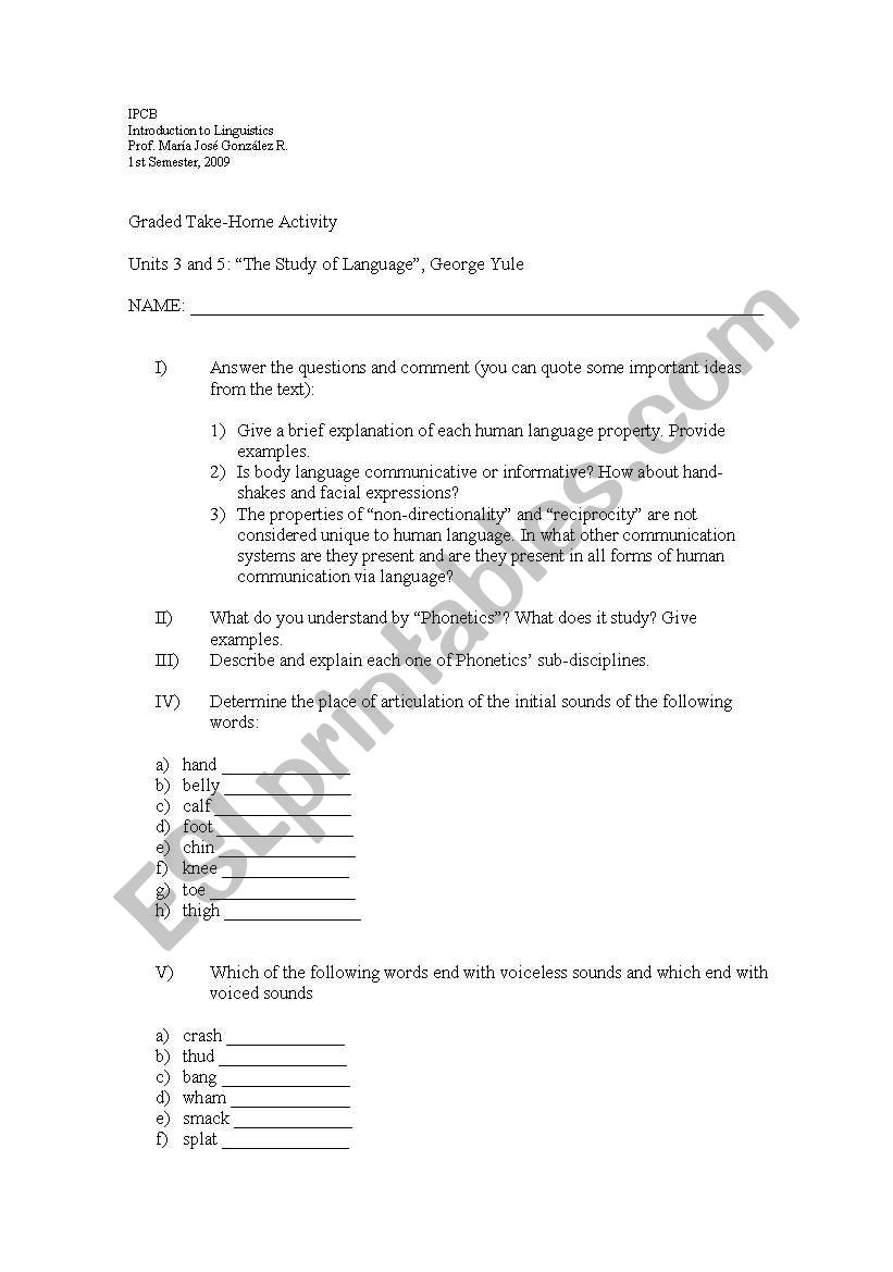 lingustics questionaire worksheet