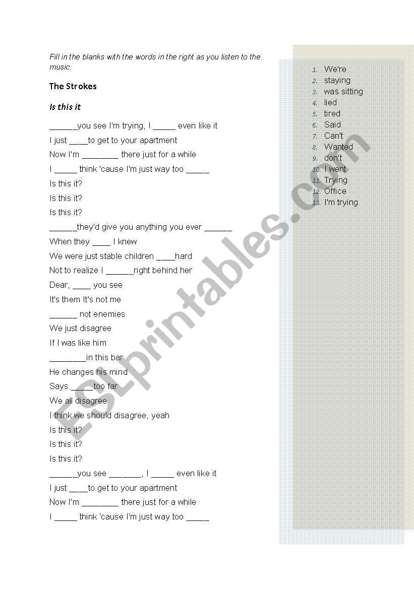 The Strokes - Is this it worksheet