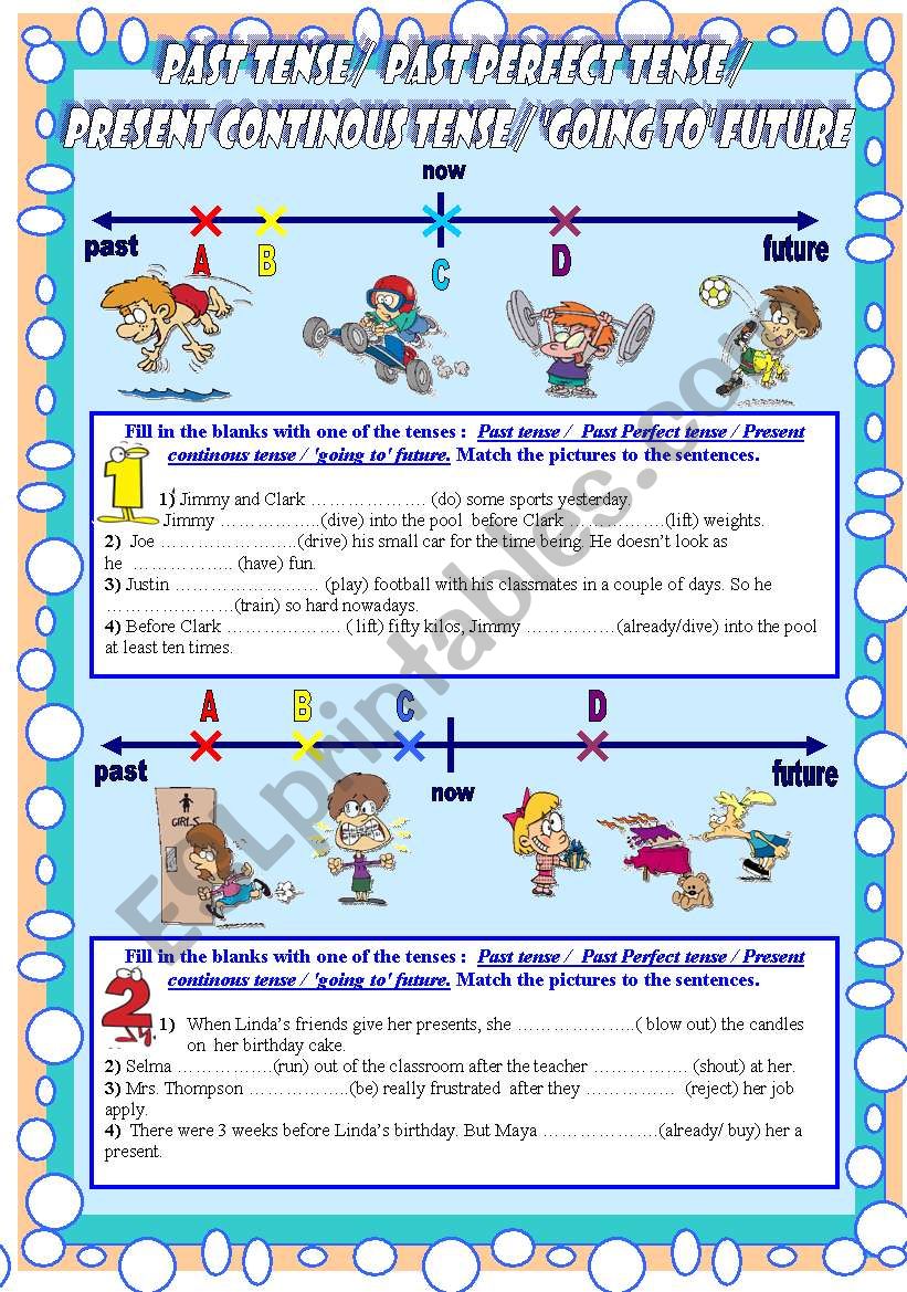 Tenses&Timelines (past/past perfect/present continuous/going to future) 5PAGES B&W answer key included