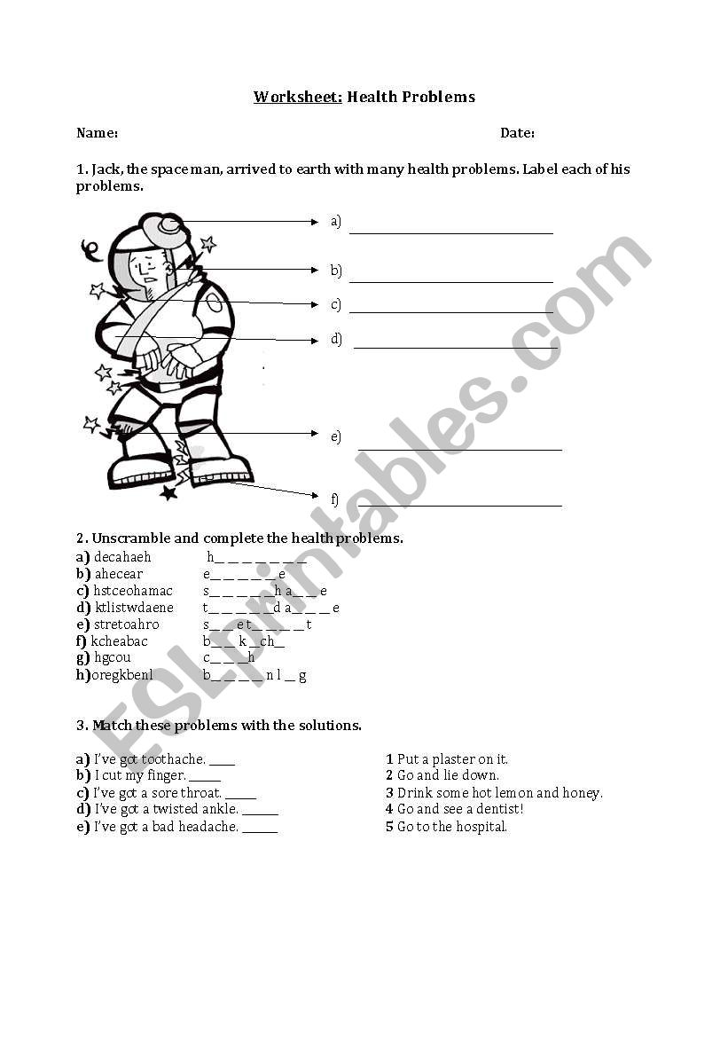 health problems worksheet