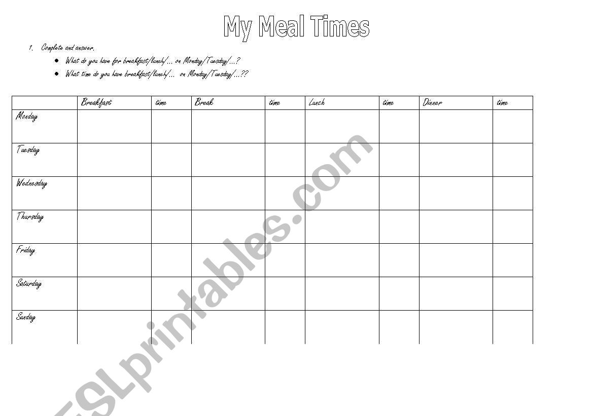 My meal times worksheet